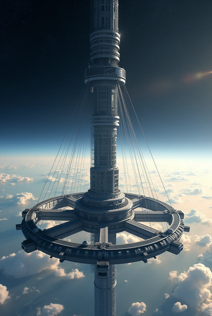 Space Elevator,Connected by long wires from ground to space,wheel-like space station