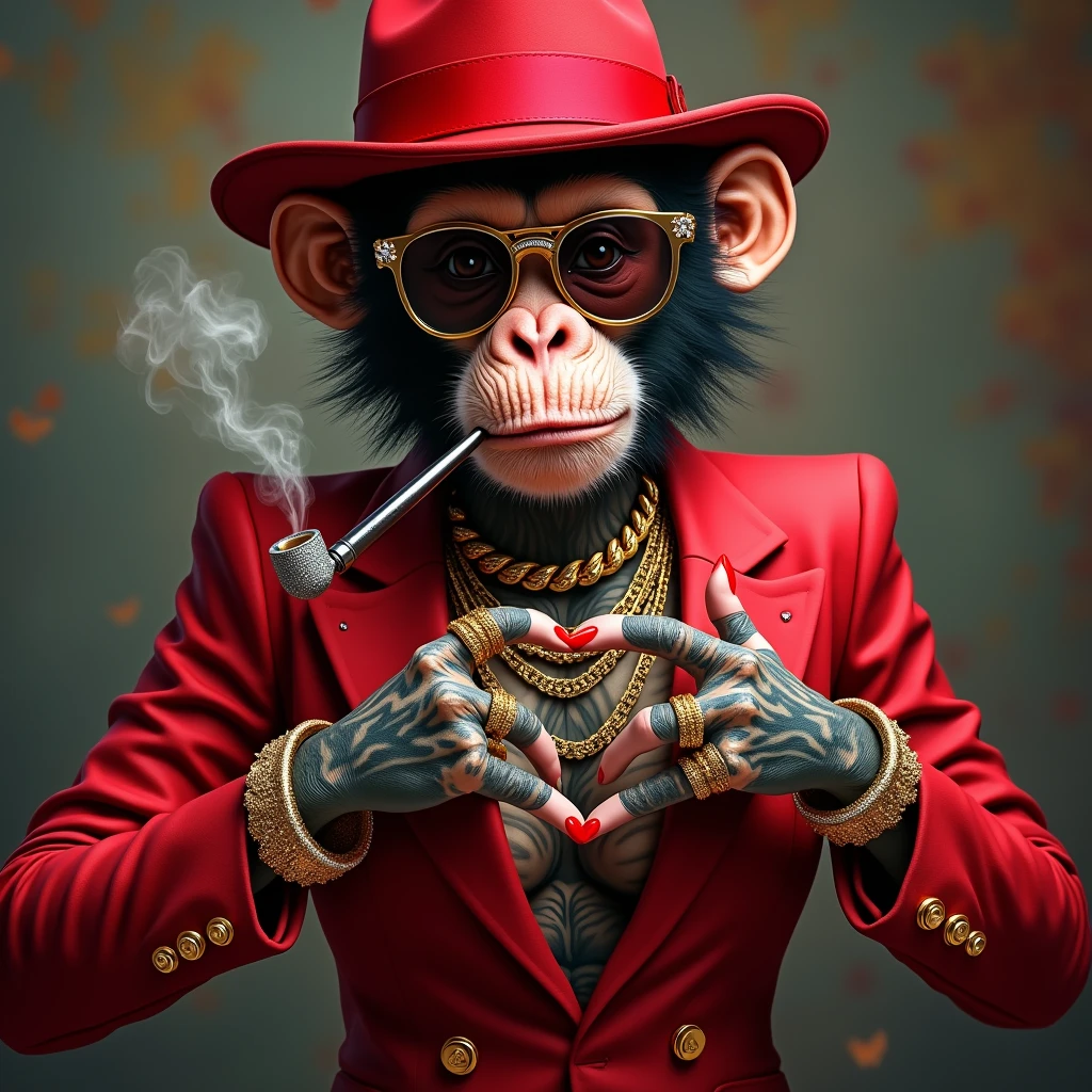 1 purple female ey, with a red gangster suit with chains, hat and glasses, tattooed, with huge diamond and gold rings, smoking with a pipe, making a heart with both hands