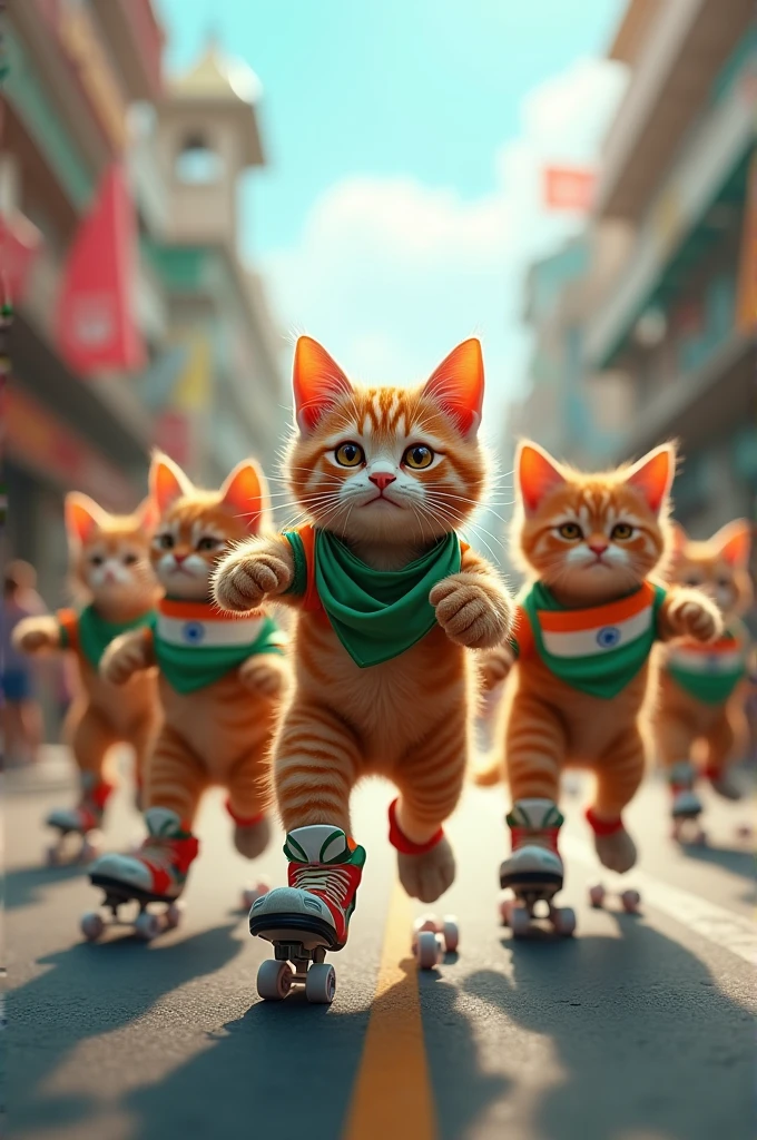 A group of cat skating with the Indian flag on roads