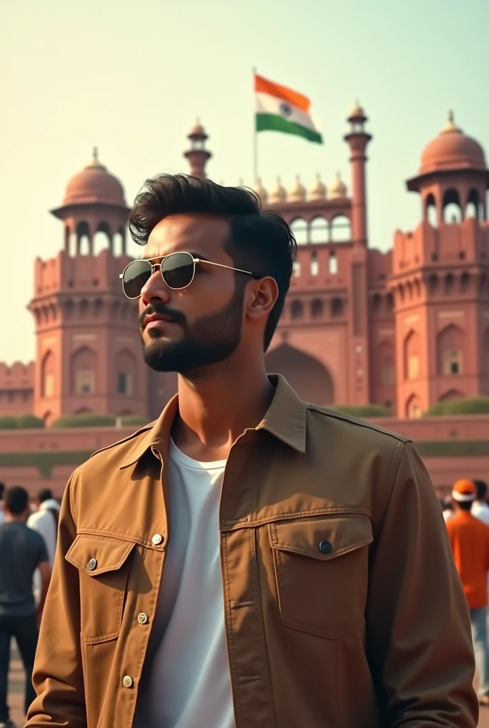 Indian young boy with beard and sunglasses independence day morning time all viwe lal kila realistic man skinny man