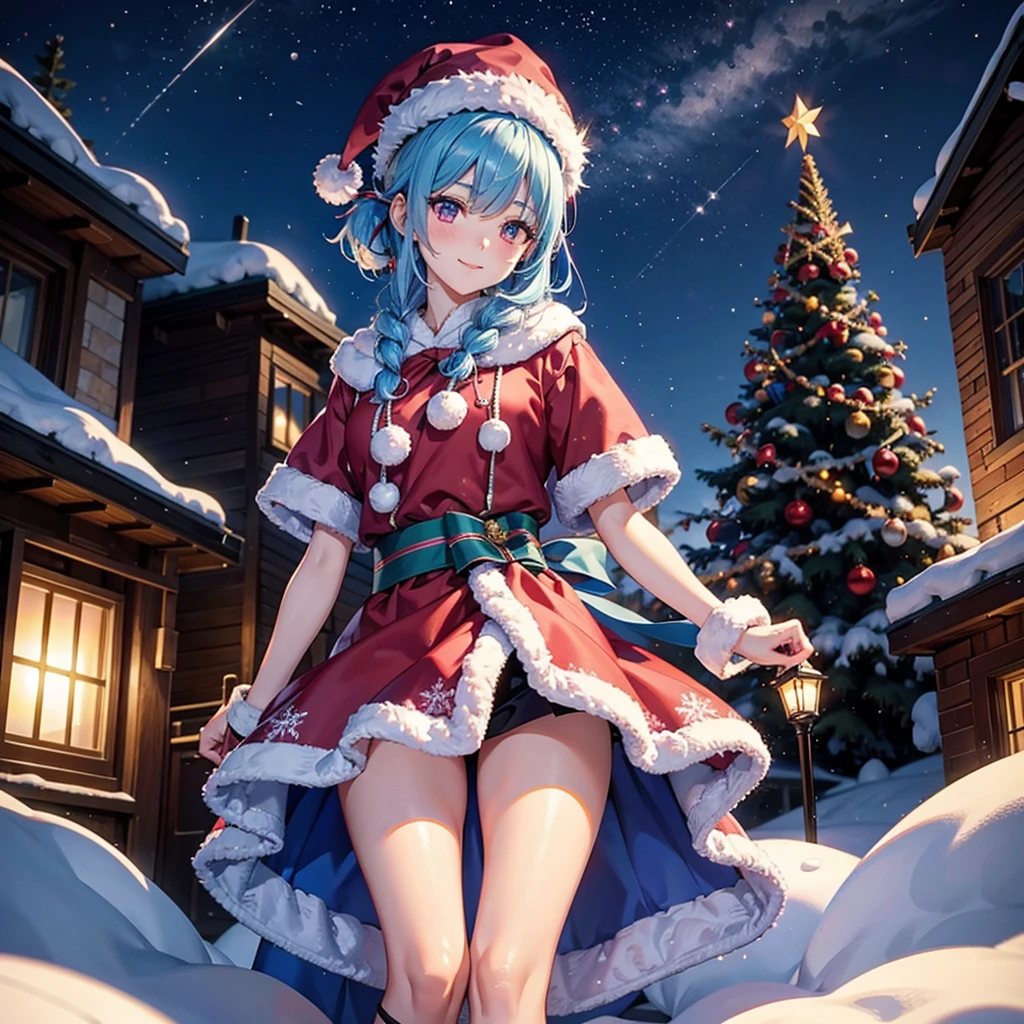 (Sky blue hair tied in a single strand),(Pink Eyes),Fair Skin,Full Body,Alone,smile,Santa Claus Clothes,Giant Christmas Tree in the Background,Snowy Night,Sparkling Night Sky,gift box,(Masterpiece, Top Quality, Very Detailed), Best Shadows,Detailed Background,Beautifully Detailed Face,High Contrast,Best Lighting, Very Delicate and Beautiful,Cinematic Light,Hyper Detail,8k,Dramatic Light,Exquisite Detail,Christmas colors,