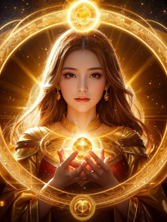 Close-up of a woman wearing a golden dress、Front facing、Center the screen、The background is shining with a halo.、Abstract images, Beautiful Celestial Magician, Heavenly Goddess, Golden ethereal light, Fantastic fantasy, Beautiful Fantasy Empress,, Goddess of space and time, Shining golden aura, Goddess of Light, A surprisingly young and mysterious person,Brown hair color