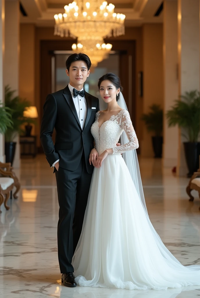 A modern photo of a Korean man standing next to a Korean woman, both facing forward and looking at the camera.、Men in tuxedos、She is in a wedding dress、The background is a luxurious hotel lobby
