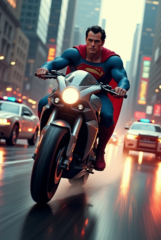 a muscular superman Henry cavill, superman, riding prone on futuristic motorcycle. Wheelie one tyre up , speeding through a city chase, chased by police cars, no helmet, ultra-detailed, 8k, masterpiece, cinematic lighting, dramatic action pose, photorealistic, vibrant colors, volumetric lighting, intricate details, motion blur, hyper-realistic, dramatic angle