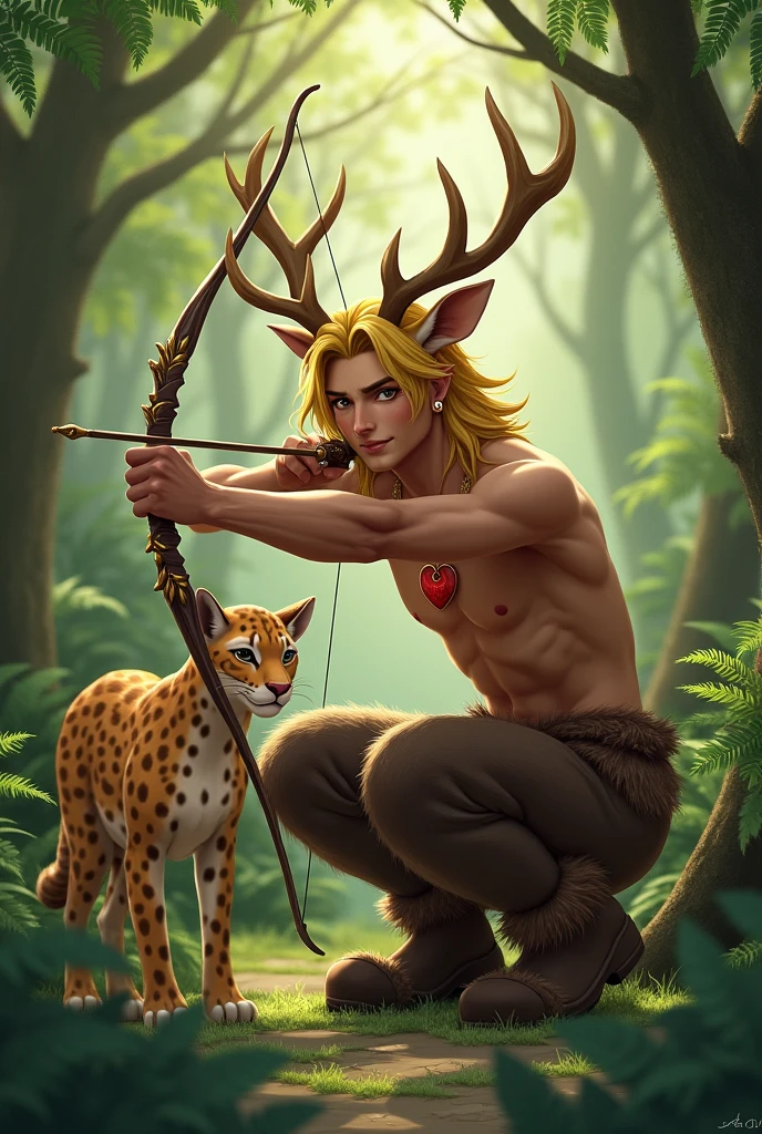 Handsome guy , Korean. He has very dark skin., yellow hair knee length with side bangs. He has faun ears., in the ears gold earrings rings. On the head are deer antlers. He has a bare torso and furry brown pants and shoes in the shape of hooves.. He has a red heart pendant.. He squats in a thicket of ferns and shoots an arrow from a bow.. He smiles beautifully. A kind jaguar next to him.