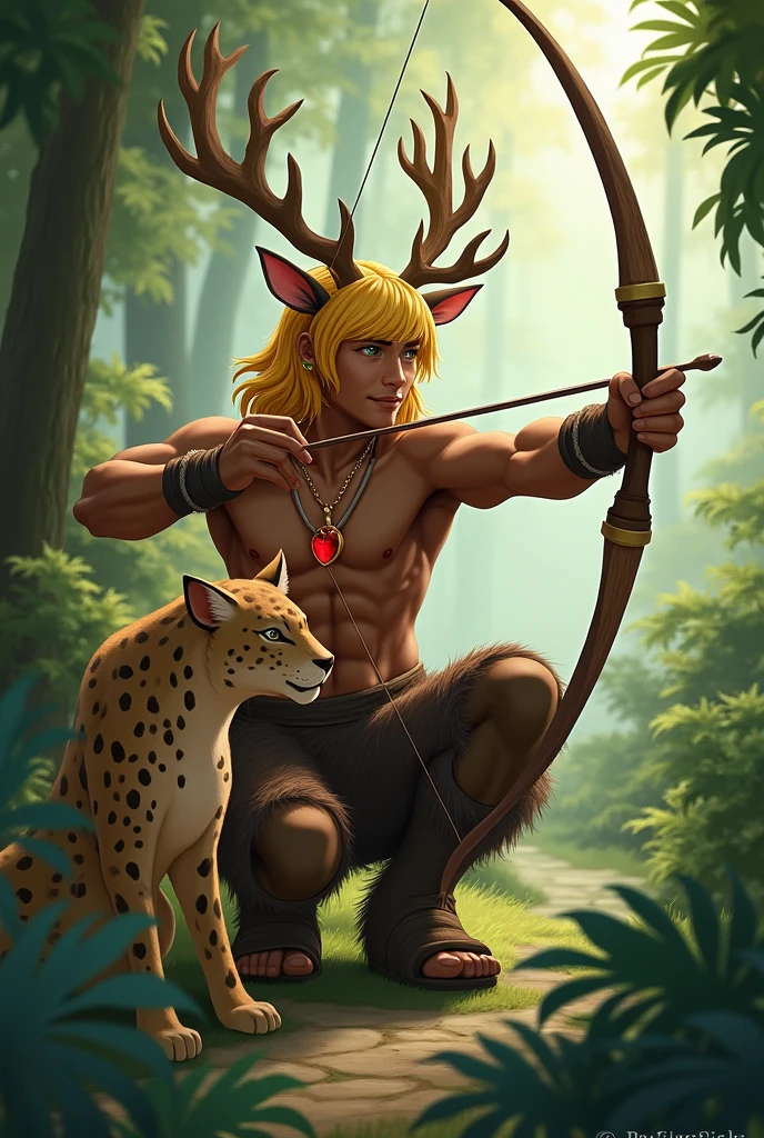 Handsome guy , Korean. He has very dark skin., yellow hair knee length with side bangs. He has faun ears., in the ears gold earrings rings. On the head are deer antlers. He has a bare torso and furry brown pants and shoes in the shape of hooves.. He has a red heart pendant.. He squats in a thicket of ferns and shoots an arrow from a bow.. He smiles beautifully. A kind jaguar next to him.