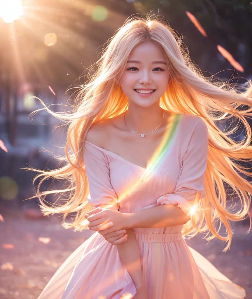 A beautiful angel with a large salmon pink heart at its center. Her long blonde hair is blowing in the wind. She has a wonderful smile. A pastel rainbow embraces the heart. This heart emits light、Creates a luminous effect around it. Waves of light. Spreading brilliance. By making the background a gradient of pale pink and pale orange, It creates a sense of soft light spreading. Always strive to express kindness and reassurance. Adding brilliance with light radiation and microparticles. As if to warm the hearts of those who see it、Finished with a bright and warm design. Adding elegance with a spiritual touch