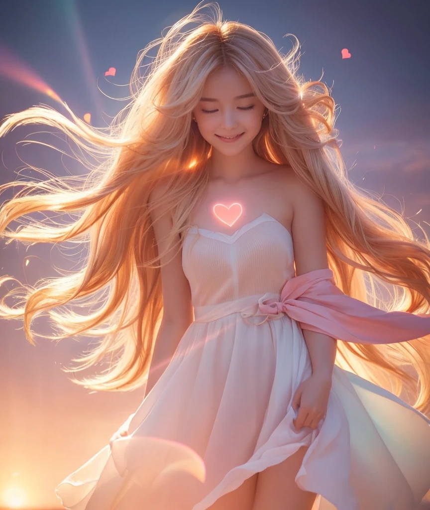 A beautiful angel with a large salmon pink heart at its center. Her long blonde hair is blowing in the wind. She has a wonderful smile. A pastel rainbow embraces the heart. This heart emits light、Creates a luminous effect around it. Waves of light. Spreading brilliance. By making the background a gradient of pale pink and pale orange, It creates a sense of soft light spreading. Always strive to express kindness and reassurance. Adding brilliance with light radiation and microparticles. As if to warm the hearts of those who see it、Finished with a bright and warm design. Adding elegance with a spiritual touch