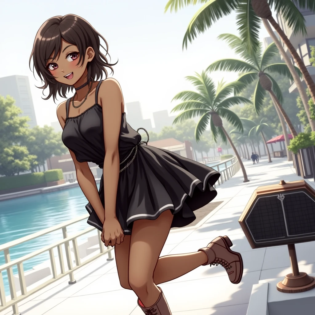 ((masterpiece, Highest quality; 1.3)), ((Dark Skin)), ((Brown skin)), Highest quality, Beautiful details, Very detailed, Ultra-fine, 16K, Exquisite, disorganized person, High resolution, Beautiful background, Detailed Background, Beautiful Eyes, Beautiful Skin, Anime Style, Real Stick, Very detailed, Very detailed, Detailed Lora,High resolution, Detailed face, Perfect Face, fine grain, Perfect Eyes, Expressive eyes, Perfect Anatomy, (Annie キックing the audience), 1 person, alone, Please open your mouth wide, Annie, short hair, Fluttering Hair, Black Hair, iris, Black dress, Brown boots, Running around town、Jump、Parkour
