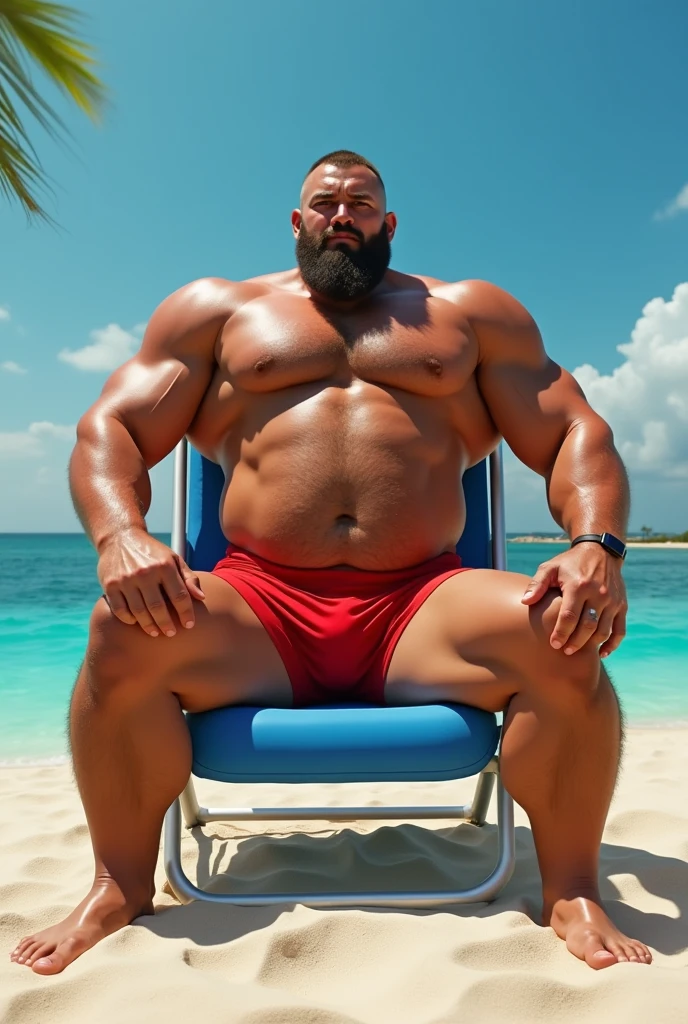 arafed man in red swim trunks laying on a blue beach chair, his legs spread apart, in a sun lounger, doing a hot majestic pose, gigachad muscular, lucas graziano, huge glistening muscles, beaching, joel torres, tanned, on a sunny beach, posing on the beach, massive legs towering over you, 🐎🍑 hiperrealistic 