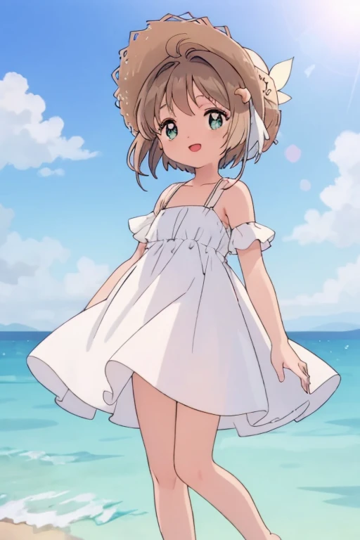 High resolution backgrounds,Beautiful background,anime, cute,Midsummer Beach,Cumulonimbus clouds floating on the horizon,Reflective and sparkling sea surface,,A white summer dress with only straps around the shoulders,Chestnut Hair,Short Bob Hair,barefoot,Happy expression,White straw hat,Lens flare,The hem of a skirt fluttering in the wind,Cowboy Shot