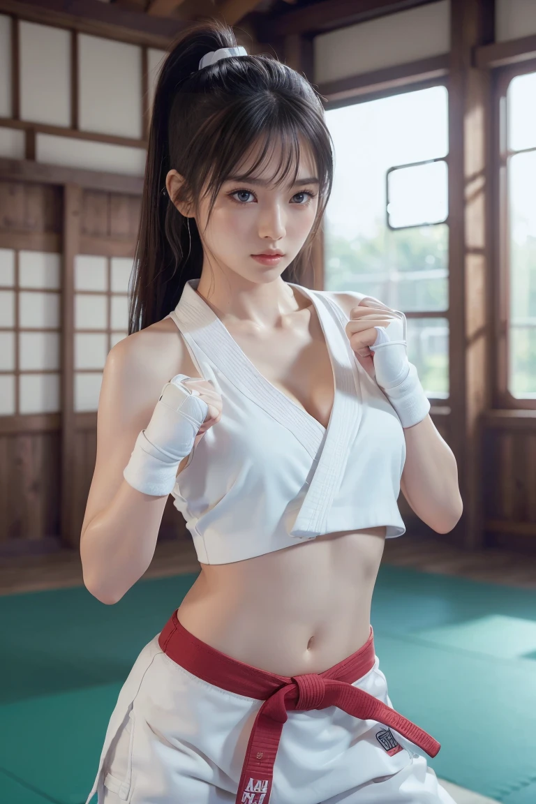 (I can imagine a sporty bra)、(((sexy Karate outfit)))、Karateka woman with bangs and ponytail、Visible navel and lower chest、shiny skin、((shy face))、((Turn your face away))、((looking sideways))、((Face is red))、(Teary Eye)、crying、(((Karate-Dojo)))、((Delicate pictures))，(Masterfully detailed RAW photos:1.25), (highest quality:1.6), (super high resolution:1.5), (realisti:1.75), 8K resolution, Canon EOS R5, 50mm, absurdes, super detailed,cinematic lighting、((Sporty panties are visible))、(((Pants are being taken off)))、