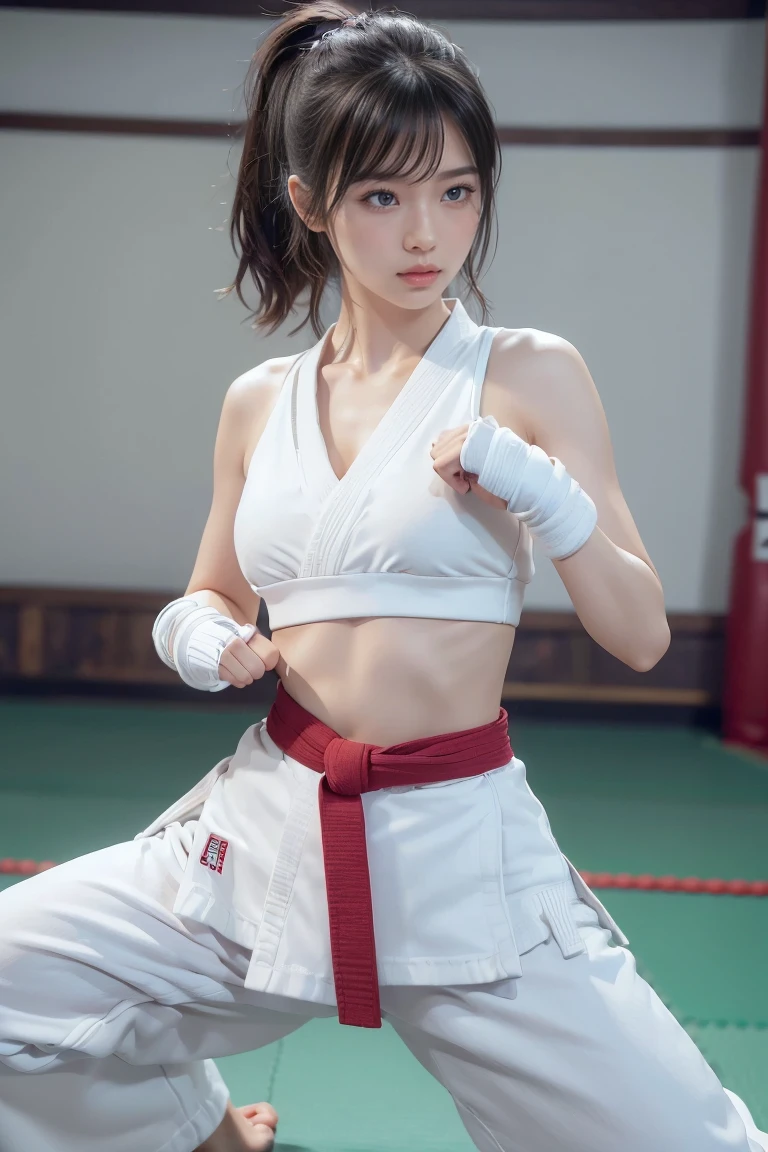 (I can imagine a sporty bra)、(((sexy Karate outfit)))、Karateka woman with bangs and ponytail、Visible navel and lower chest、shiny skin、((shy face))、((Turn your face away))、((looking sideways))、((Face is red))、(Teary Eye)、crying、(((Karate-Dojo)))、((Delicate pictures)),(Masterfully detailed RAW photos:1.25), (highest quality:1.6), (super high resolution:1.5), (realisti:1.75), 8K resolution, Canon EOS R5, 50mm, absurdes, super detailed,cinematic lighting、((Sporty panties are visible))、(((Pants are being taken off)))、
