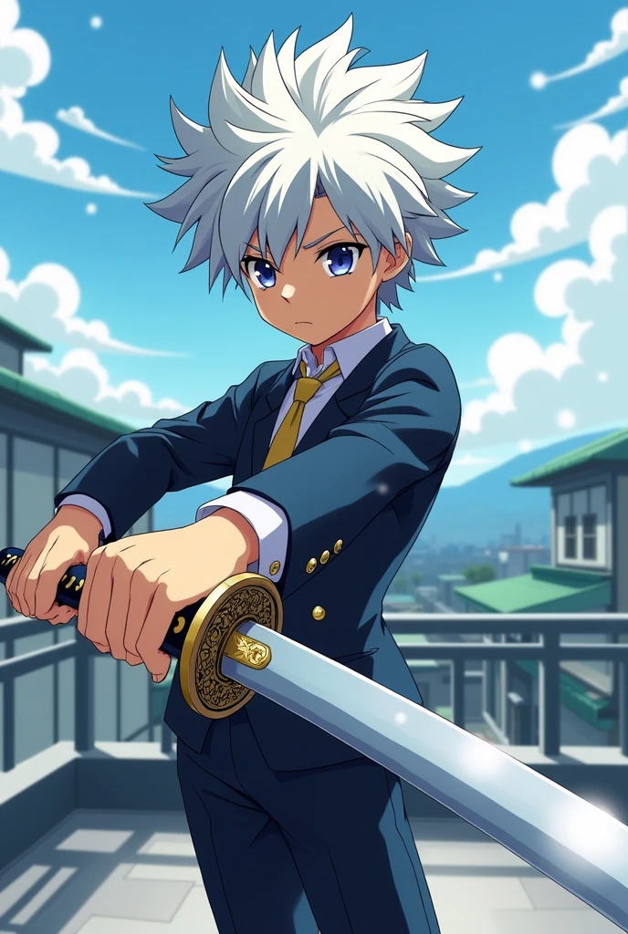 Create an anime boy character with white hair, wielding a katana on the school rooftop