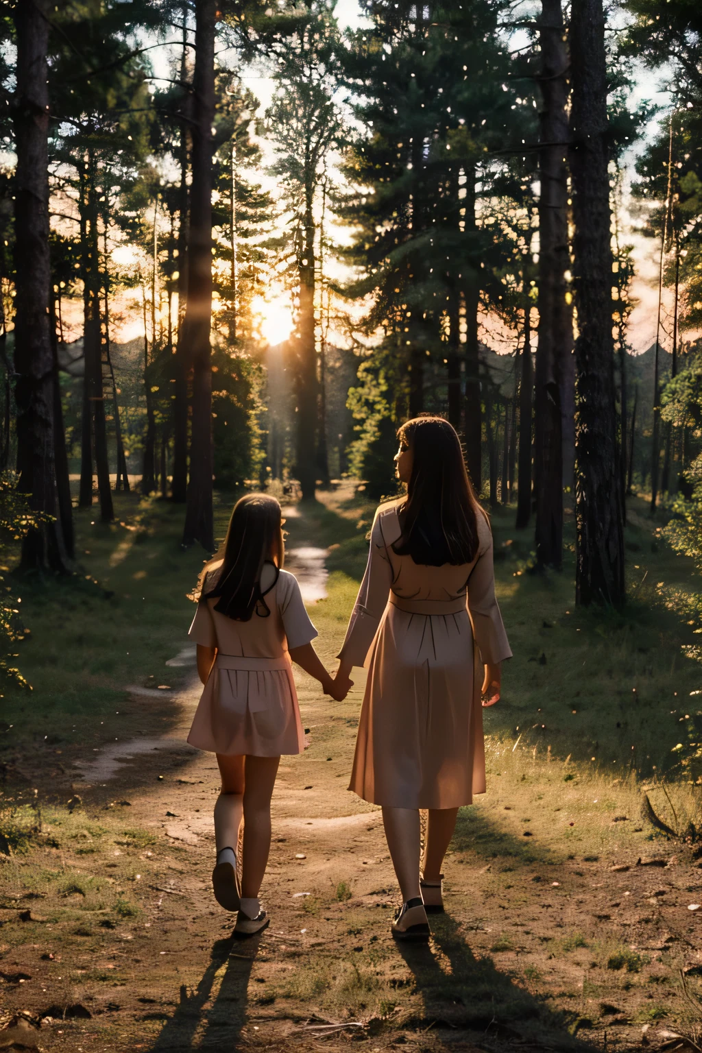 Mother and daughter are holding hands at sunset in the forest., 4K, ultra quality, wide angle