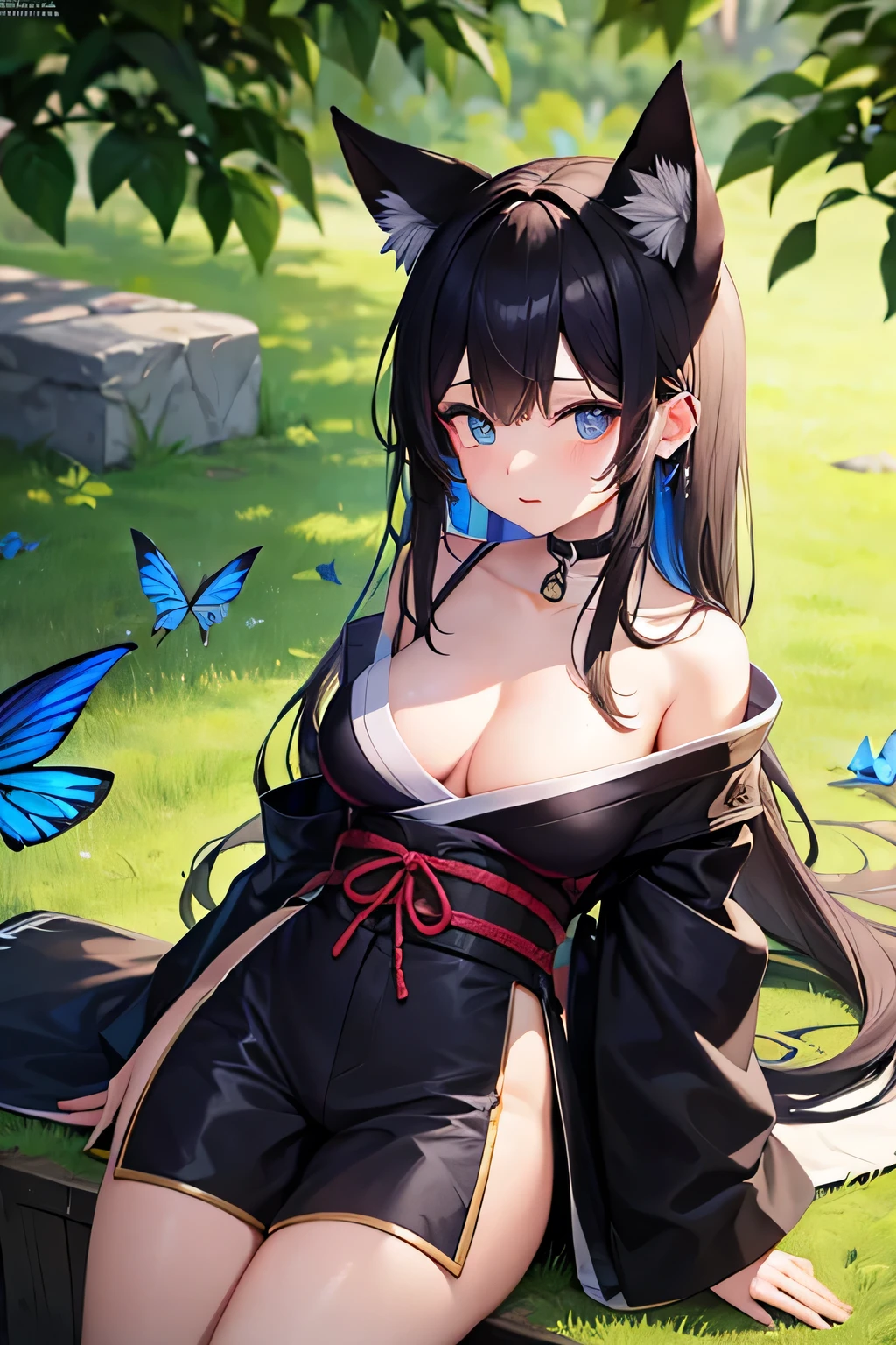 1 person,Black Hair,Boyish appearance,Fox ears,kimono,Shorts,Unknown gender,Azure blue eyes,Sunburned skin,Blue butterfly motif,She is wearing a butterfly accessory on her left ear.