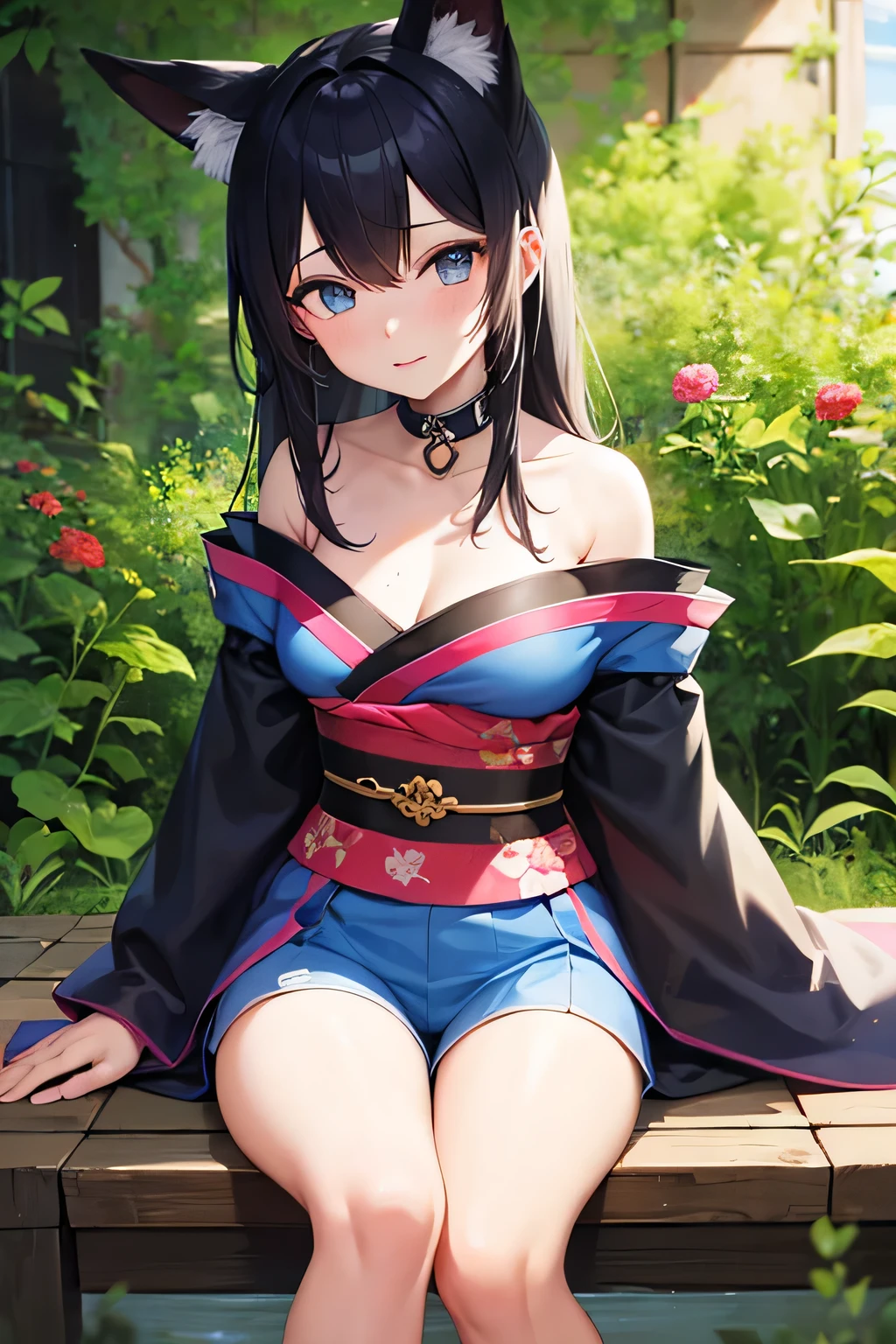 1 person,Black Hair,Boyish appearance,Fox ears,kimono,Shorts,Unknown gender,Azure blue eyes,Sunburned skin,Blue butterfly motif,She is wearing a butterfly accessory on her left ear.