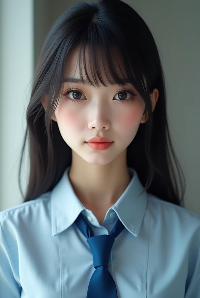 Realistic photo,There is a woman wearing a blue tie and a blue shirt., ,Chiho, Beautiful straight hair,shikamimi, Yoshitomo Nara, kimi takemura, Yasumoto Oka, Black Hair, Kotegawa Yui, narumi kakinouchi, Portrait of Mayuri Shiina,Detailed face and body, Natural light, High resolution, photoRealistic, (Highest quality,8k,High resolution,masterpiece:1.2),Very detailed,(Realistic,photoRealistic,photo-Realistic:1.37),Realistic skin texture,Fine eyes and lips,Beautifully detailed face,Long eyelashes,Smooth Skin