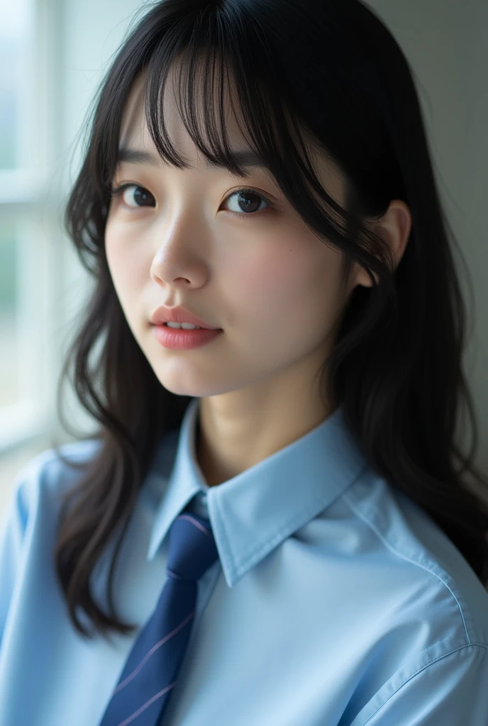 Realistic photo,There is a woman wearing a blue tie and a blue shirt., ,Chiho, Beautiful straight hair,shikamimi, Yoshitomo Nara, kimi takemura, Yasumoto Oka, Black Hair, Kotegawa Yui, narumi kakinouchi, Portrait of Mayuri Shiina,Detailed face and body, Natural light, High resolution, photoRealistic, (Highest quality,8k,High resolution,masterpiece:1.2),Very detailed,(Realistic,photoRealistic,photo-Realistic:1.37),Realistic skin texture,Fine eyes and lips,Beautifully detailed face,Long eyelashes,Smooth Skin