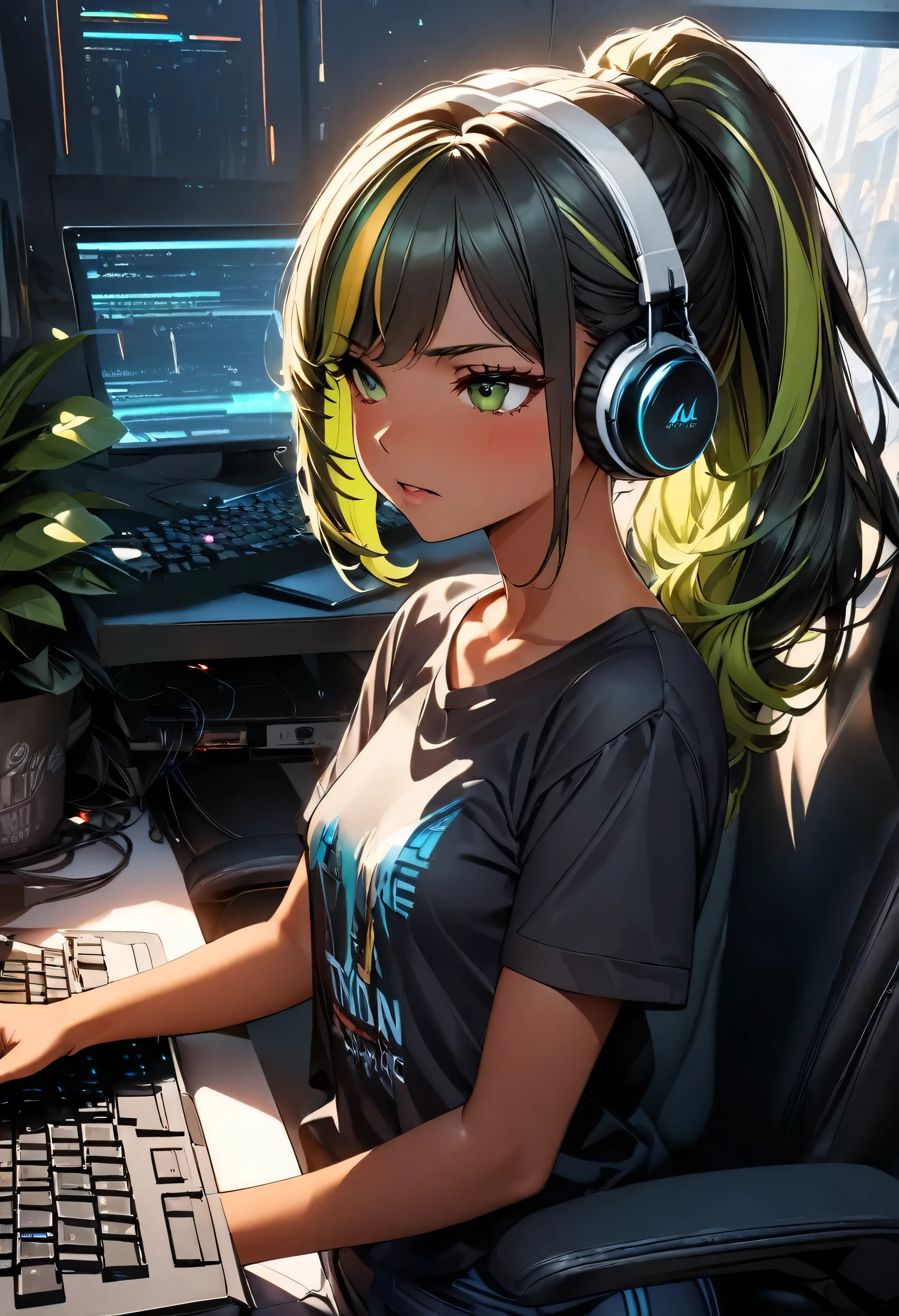 (highest quality:1.2, Very detailed, up to date, Vibrant, Ultra-high resolution, High Contrast, masterpiece:1.2, highest quality, Best aesthetics), Portraiture、girl、((25 years old:1.8)), (slim:1.3), Bright colors、Beautiful fine details、Beautiful lip detail、long hair, (ponytail:1.3), white and yellow green ((streaked hair:1.6)), highlights hair: 1.5, (small breast,:1) (tan skin:1.2), black t-shirt, pants, ((wear headphone:1)), game programer, typing keyboard on the desk PC, sitting gaming chair, glasses, side shot, (cowboy shot:1.1), (look at PC on the desk:1), annoyed, upper body