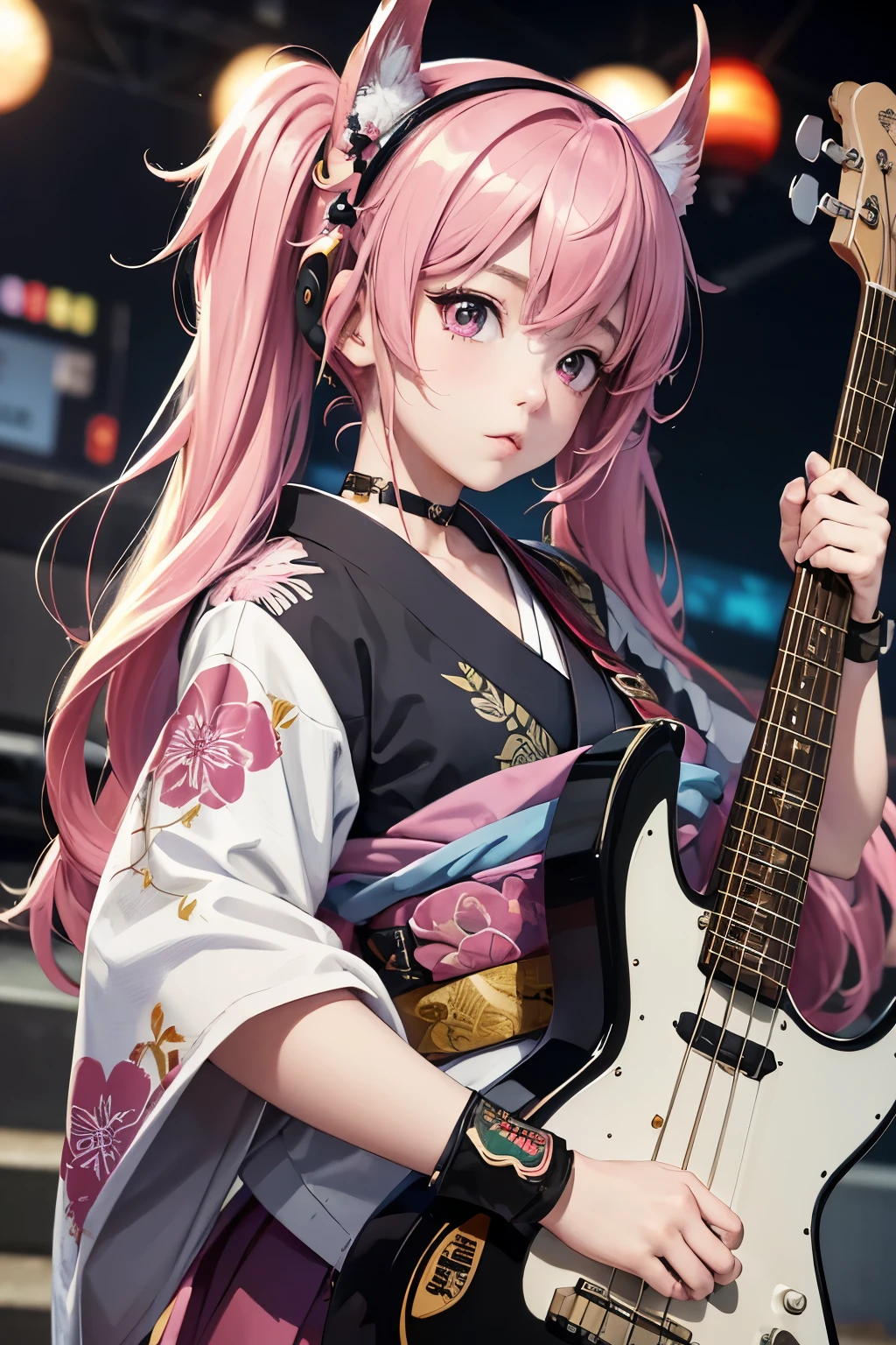 masterpiece, best quality, very detailed, high resolution, expensive resolution, high resolution, 4K, 8k, Unity 8k wallpaper, highly detailed CG, masterpiece, 2D, 3D, beautiful details, depth, fine texture, best quality: 1.3, perfect focus, crispy skin, he,
Very cute anime girl, girl playing baseguitar vocals in a band wearing a Japanese fancy floral haori hakama, on outdoor stage, full body, expensive pink twin tail hair, mole under eye, looking at the viewer, expensive, blush, mole, lips open, , heart choker, pink eyes, guitar vocals, stage,Full body of an anime girl with pink twin-tailed hair wearing a Japanese kimono and playing a bass guitar on stage at a cyberpunk festival