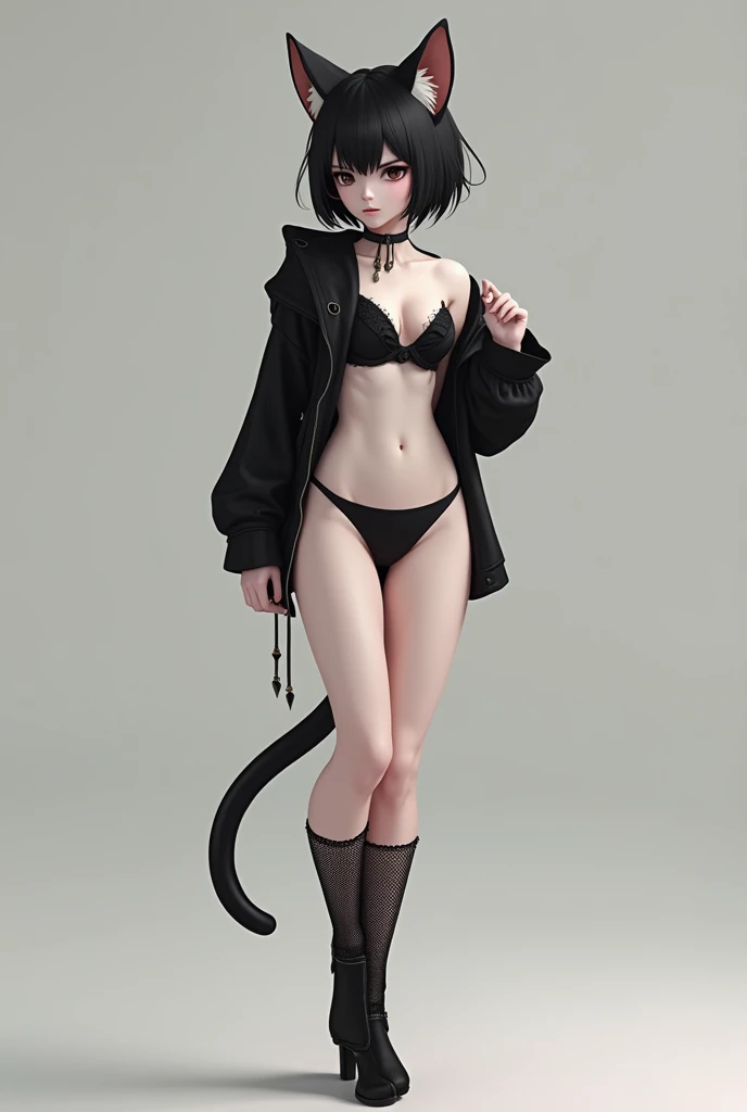 A femboy white neko with black tight clothes, a thong, black mesh socks.