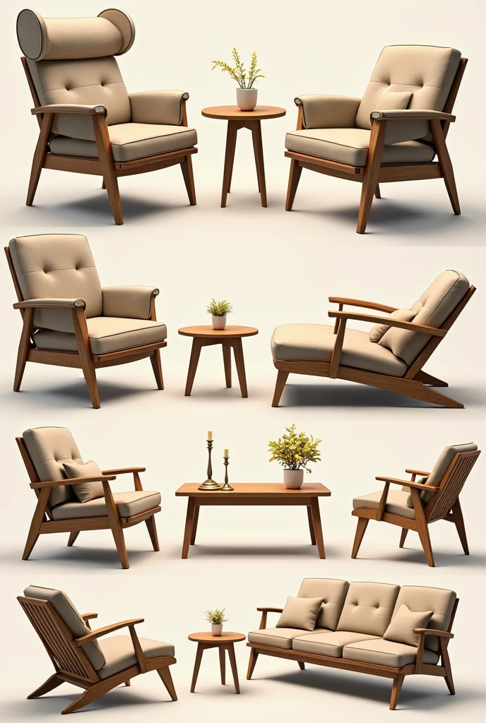 3. Furniture Proposal (Mood board)
concept: Comfortable furniture, Functional and safe for seniors.
furniture:
Ergonomic Chairs: High back chairs with armrests, Made from soft, supportive materials to ensure comfort and ease of use.
Adjustable Tables: Tables that can be adjusted in height for different uses, whether to eat, reading or manual activities.
Sofas with soft cushions: Deep, padded sofas with durable upholstery in warm tones, inviting rest and relaxation.
Outdoor Benches: Weatherproof benches in natural wood or metal for garden areas, Designed with comfortable seats and back support.
Small and mobile tables: Lightweight, portable tables that can be used for a variety of activities and are easy for seniors to move around.
Safety Features: Furniture should include rounded edges, Non-slip feet and sturdy construction to minimize risks.
Suggested Images: Photos of ergonomic chairs, adjustable tables, comfortable sofas, outdoor benches and small tables, along with security details.