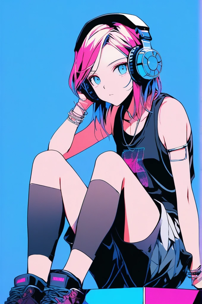 ((masterpiece,Highest quality)), 8k, anime , Realistic ,sketch, anime風のポートレート, animeの女性, 20-year-old, Blue gradient background, Black mesh tank top, Neon medium straight hair, lip, Big eyes, Wear headphones, Sitting on a large speaker, Texture Trim, Canadian, (((Upper Body))), (masterpiece,Highest quality)、Leaning on a large speaker、anime風のポートレート