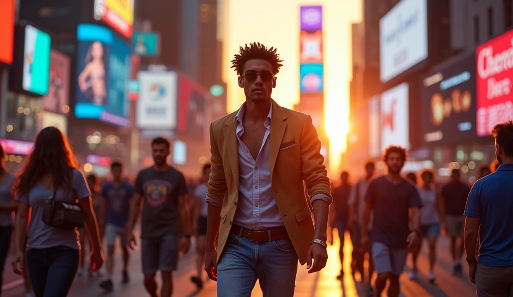 USA TIME SQUARE ORANGE SUNSET EVENING THE ROADS ARE WITH PEOPLE AND YOUNG GIRLS WEARS SHORTS AND TSHIRT DETAILED IN BETWEEN THEM A GUY AGE 27 WALKING VERY STYLISH CLOTHES JEANS AND SHIRT.HIGHLIGHT THE GUY SHOW HIS FACE. VIBRANTLY.