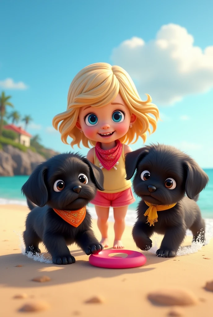 cute adorable 2 black shih tzu puppies, cute blonde girl, extremely detailed, big blue eyes, wearing colorful collar and bandana, playing frisbee, 3D Pixar style, at beach, photorealistic, (best quality,8k,highres,masterpiece:1.2),ultra-detailed,(realistic:1.37),HDR,vivid colors,studio lighting