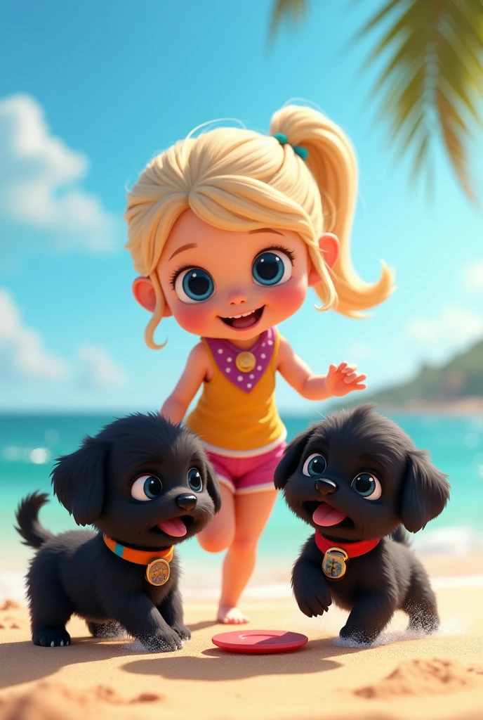 cute adorable 2 black shih tzu puppies, cute blonde girl, extremely detailed, big blue eyes, wearing colorful collar and bandana, playing frisbee, 3D Pixar style, at beach, photorealistic, (best quality,8k,highres,masterpiece:1.2),ultra-detailed,(realistic:1.37),HDR,vivid colors,studio lighting