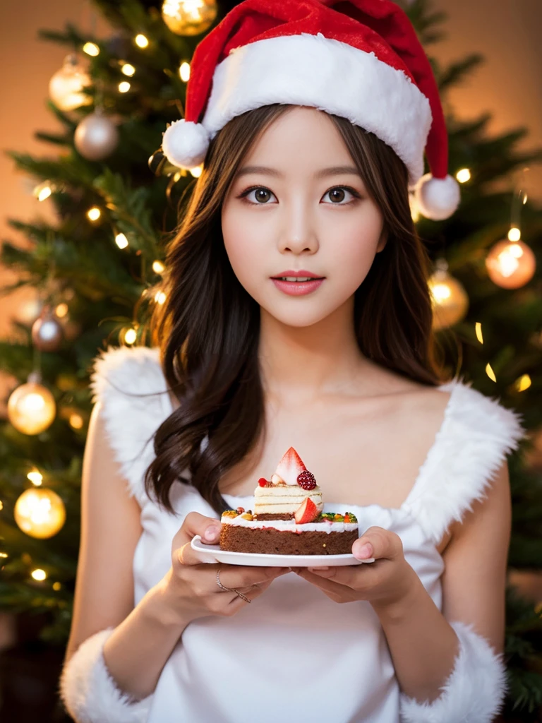 santa girl eating cake、red titi、see -through、White fur、Santa Girls、top-quality、Night Background、Christmas tree、bokeh dof、top-quality