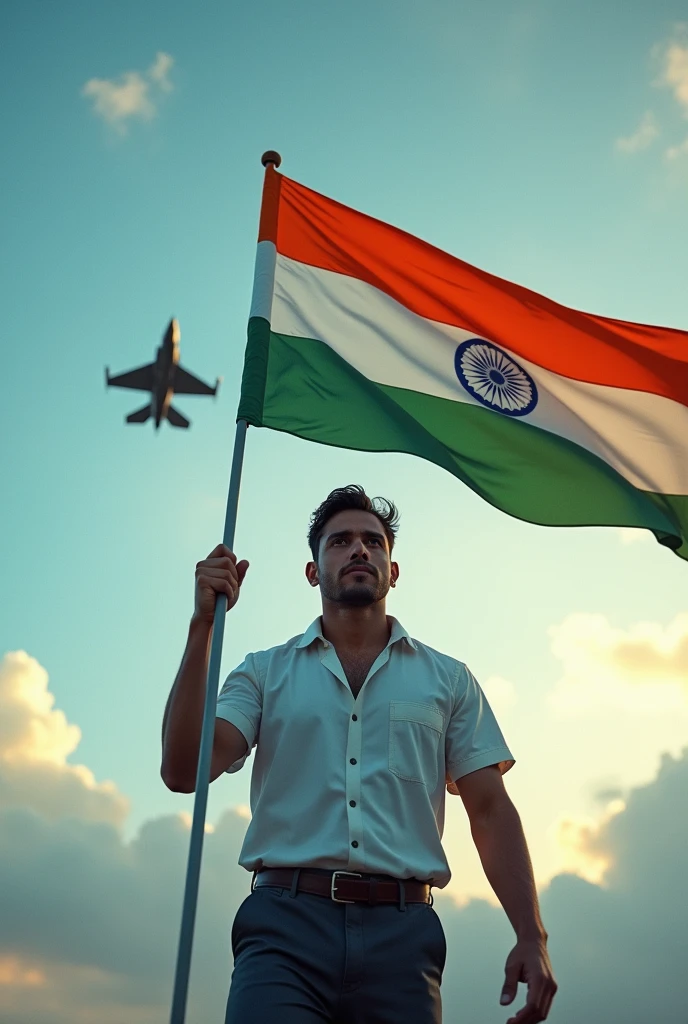 Photo for independence day holding flag in hand and fighter jet in background