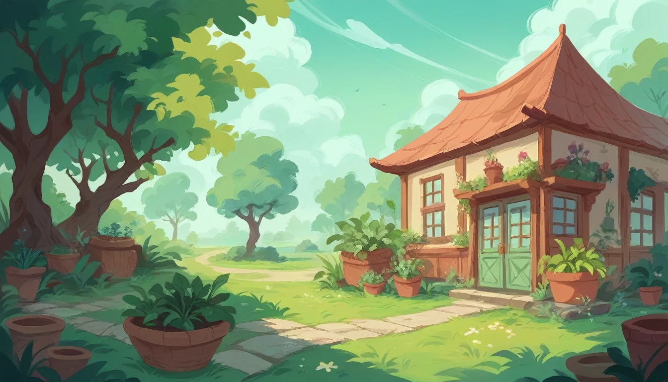 Girl watering plant in the garden next to the small european house. Background is green meadow in summer time.