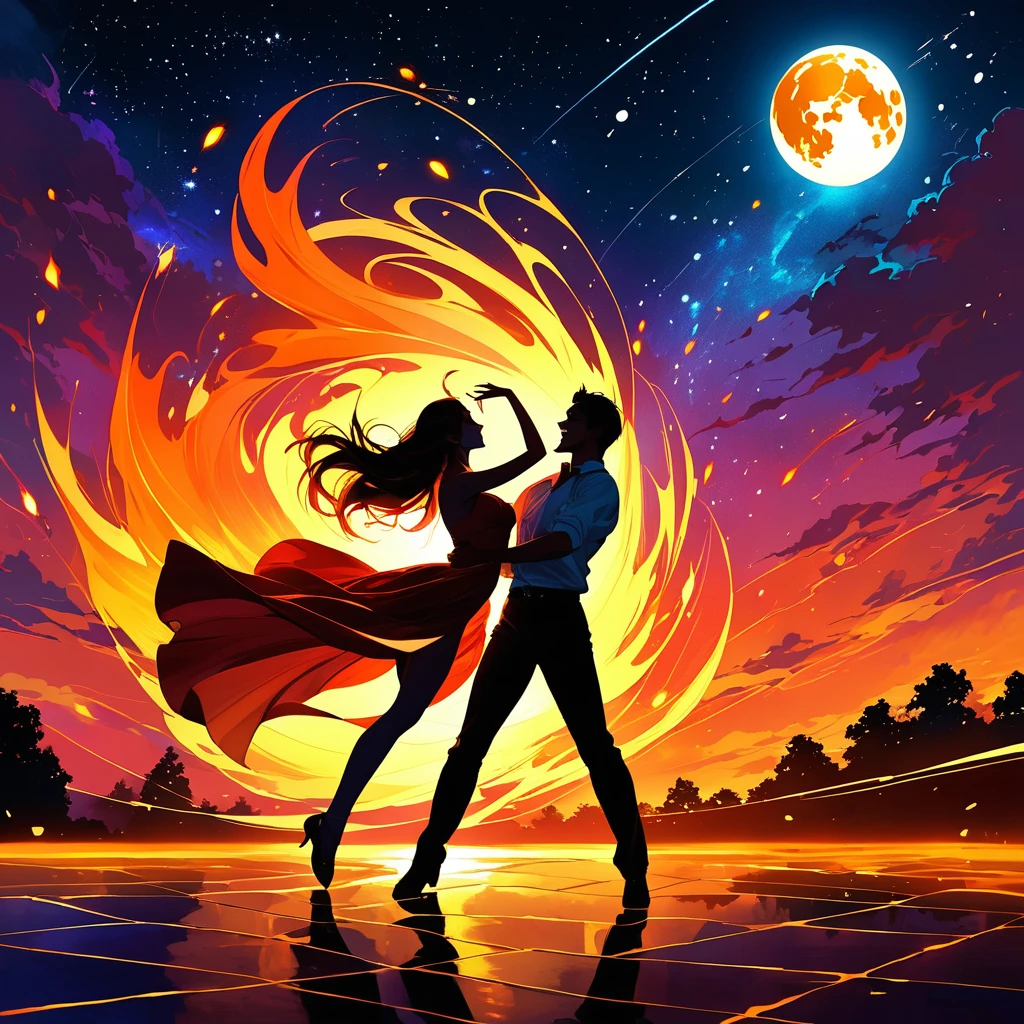 A vibrant and energetic scene with a couple dancing passionately under the night sky. The setting is an open space with no one else around, and the atmosphere is electric with the glow of the moon and stars. The dancers' movements are dynamic and fluid, with their bodies glowing as if they are the source of the light. Their expressions are full of joy and passion, as they dance in sync with the rhythm of the music. The background is a blend of warm colors like red, orange, and yellow, symbolizing the heat and intensity of the moment. The image should capture the essence of freedom, connection, and the fiery energy of the dance