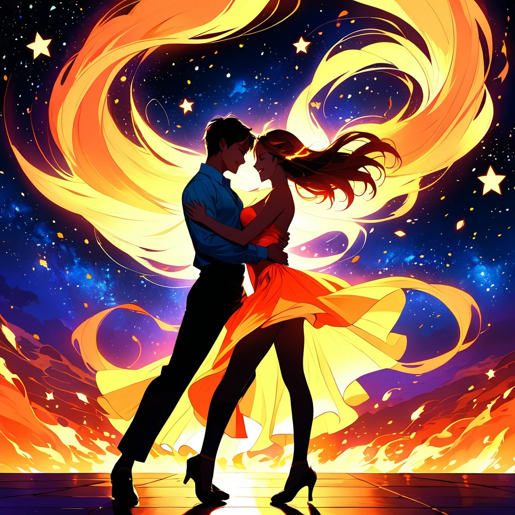 A vibrant and energetic scene with a couple dancing passionately under the night sky. The setting is an open space with no one else around, and the atmosphere is electric with the glow of the moon and stars. The dancers' movements are dynamic and fluid, with their bodies glowing as if they are the source of the light. Their expressions are full of joy and passion, as they dance in sync with the rhythm of the music. The background is a blend of warm colors like red, orange, and yellow, symbolizing the heat and intensity of the moment. The image should capture the essence of freedom, connection, and the fiery energy of the dance