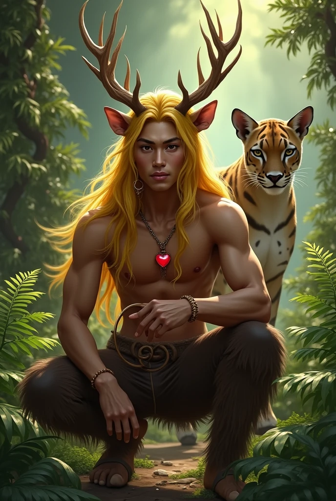 Handsome guy , Korean. He has very dark skin., yellow hair knee length with side bangs. He has faun ears., in the ears gold earrings rings. On the head are deer antlers. He has a bare torso and furry brown pants and shoes in the shape of hooves.. He has a red heart pendant.. He squats in a thicket of ferns and shoots an arrow from a bow.. He smiles beautifully. A kind jaguar next to him.