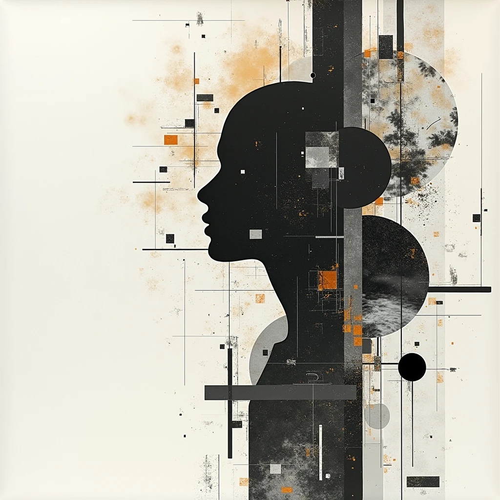 a collage of mixed media elements, abstract background, minimalistic, monochromatic, graphic design, creative composition, unique perspective, striking visual impact, intricate textures, bold lines, geometric shapes, clean aesthetic, beautiful balance, dynamic layout, visually compelling