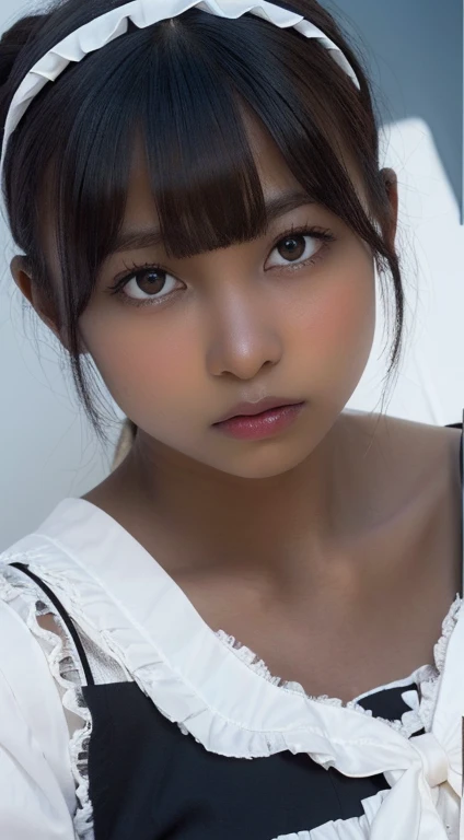 masutepiece, Best Quality, Illustration, Ultra-detailed, finely detail, hight resolution, 8K Wallpaper, Perfect dynamic composition, ((close up:1.3, from above, lookin at viewer)), Beautiful detailed eyes , (wearing Cotton Maid Costume, , Cute Ruffle Girl Dress, maid headband, color base on white black blue),(( dark skin:1.9 ))