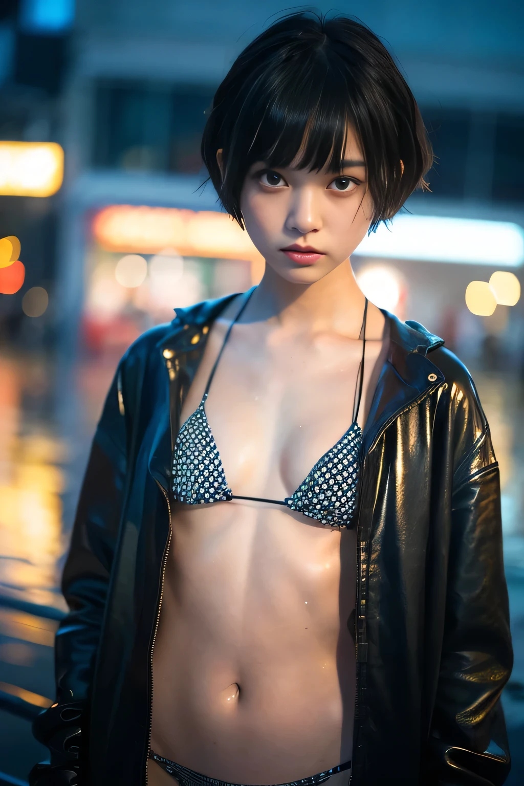 A beach in the pouring rain ,drenched, Dripping, Wet Face,Wet clothes, Wet Skin, Wet Hair, ((nsfw)), ((Cinema Lighting),(Natural light),(High level of artistry),(artistic),(Indistinguishable quality from the real thing),RAW Photos,Genuine,Genuine,High resolution,RAW Photos,masterpiece, beautiful, One girl, A low s girl with a cute face like a Japanese idol , No makeup,Slender, Small breasts, (Black pixie cut:1.2), (Blunt bangs), Immerse in a World of Dark Tones, night, Sulky,Model pose, Shooting from below, (skinny:1.0),Add Irregular Prints and Patterns, Sharp lines, Unusual Accessories Attached to Clothing、Swimwear Emphasizing Comme des Garçons' Originality and Innovation,Cinema Art Style,Precise fingers
