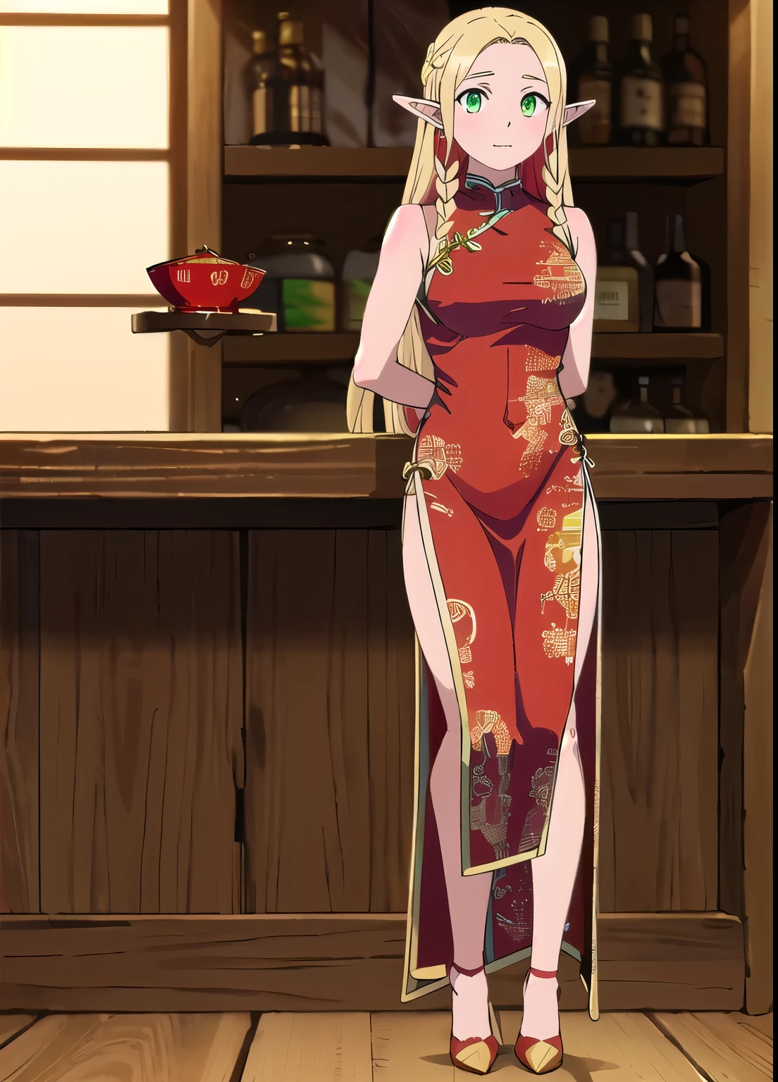 (best quality), ((highly detailed)), (masterpiece),  (1girl), (Marcille_Donato_Dungeon Meshi), blonde hair, long hair, twin braids, elf, pointy ears, green eyes, looking at viewer, (red china long dress: 1.5), (gold decoration dress:1.2), (sleeveless), (deep slit), (red high-heels: 1.3), cowboy shot, standing, arms behind back, indoors, bar