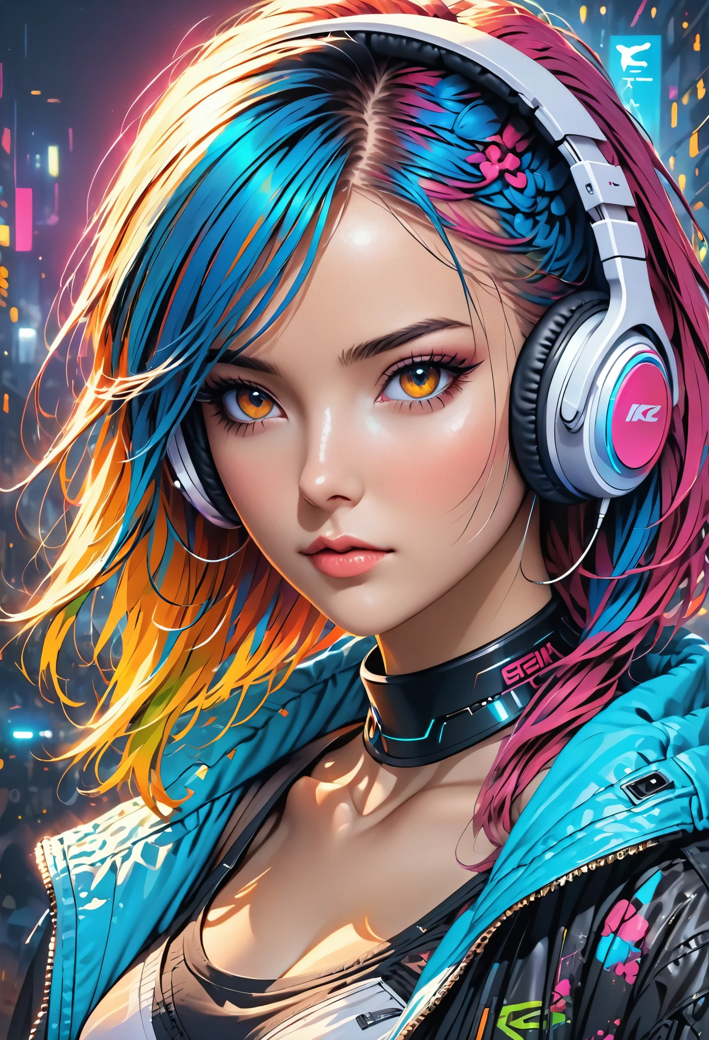 girl with wireless headphones, cyberpunk style, colorful, portrait, pop culture, realstic style
