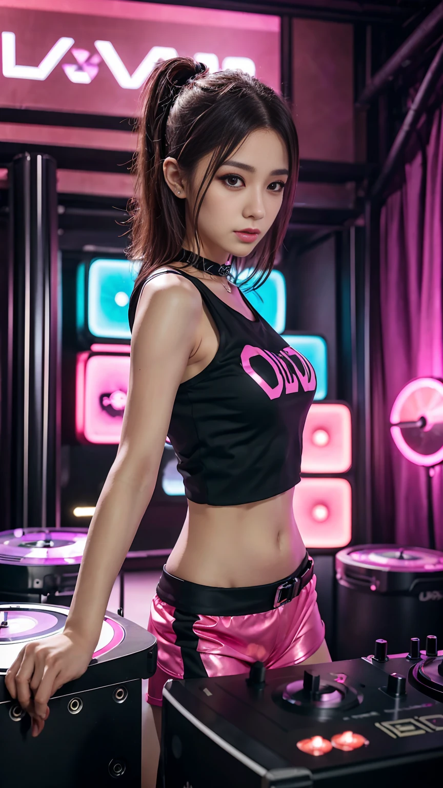 A woman in her 50s wearing a black top and pink shorts playing DJ game, Cyberpunk settings, Labor Girl, Rave Girl, DJ Rave , Nightclub DJ inspiring the dance, Playing techno house music, Turntable DJ Scratch, Cyberpunk 20. Model, Rave Costume, Fan art
