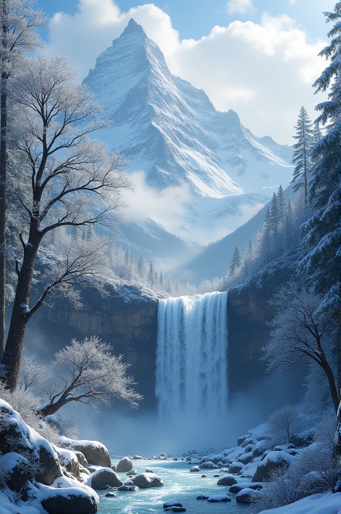 one wallpepar with mountains, snowfall, freeze, water fall trees 