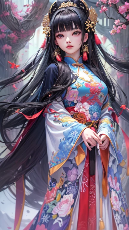 Chinese goddess in beautiful attire,(masterpiece, Highest quality, Highest quality, Official Art, beautifully、aesthetic:1.2), (One person), Very detailed, (Fractal Art:1.3), colorful, Most detailed, Perfect Face, Upper Body, High resolution, Impressive visuals, Vibrant colors, Black Hair,Long Hair,Swept-apart bangs