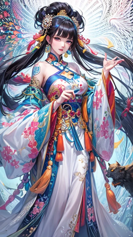 Chinese goddess in beautiful attire,(masterpiece, Highest quality, Highest quality, Official Art, beautifully、aesthetic:1.2), (One person), Very detailed, (Fractal Art:1.3), colorful, Most detailed, Perfect Face, Upper Body, High resolution, Impressive visuals, Vibrant colors, Black Hair,Long Hair,Swept-apart bangs