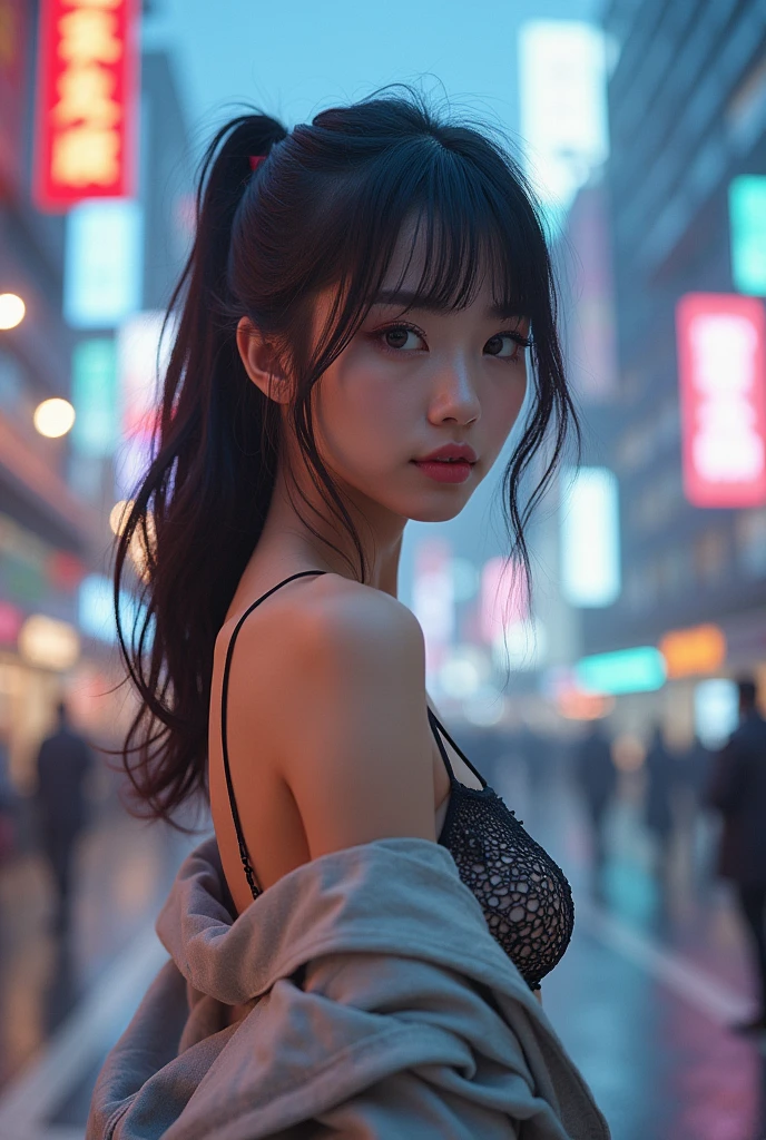 A cute Japanese beauty actress poses in a futuristic city.。No exposed skin。