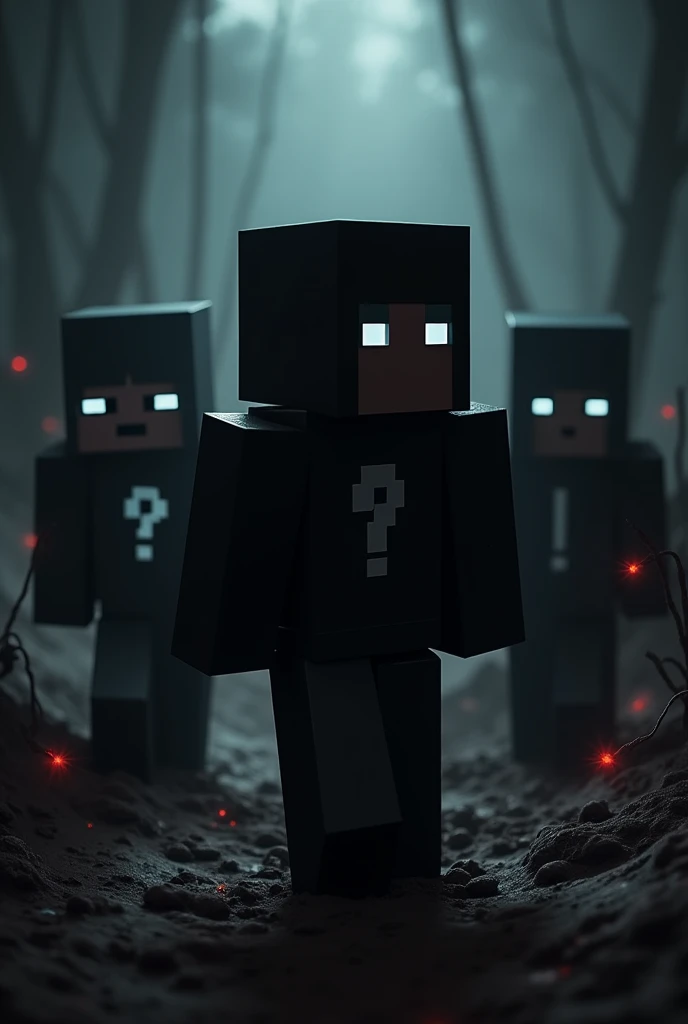 3 Minecraft characters, the first is in the middle being completely black and without features, the second has white eyes and a white question mark on its chest, The third one has a white exclamation mark on its chest in a macabre setting.