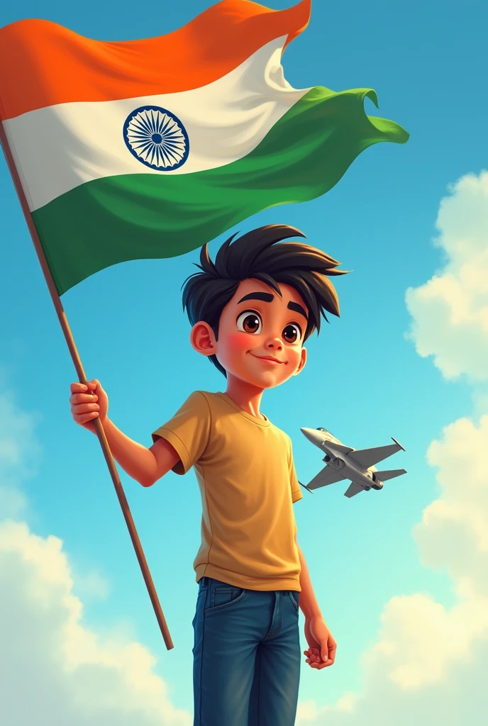 Photo for independence day holding flag in hand and fighter jet in background and boy name should be kartik