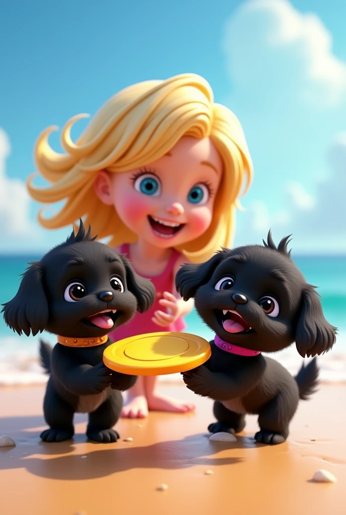 1 blonde girl, 2 adorable black shih tzu puppies with big blue eyes wearing a colorful collar playing frisbee at beach 3D Pixar style
